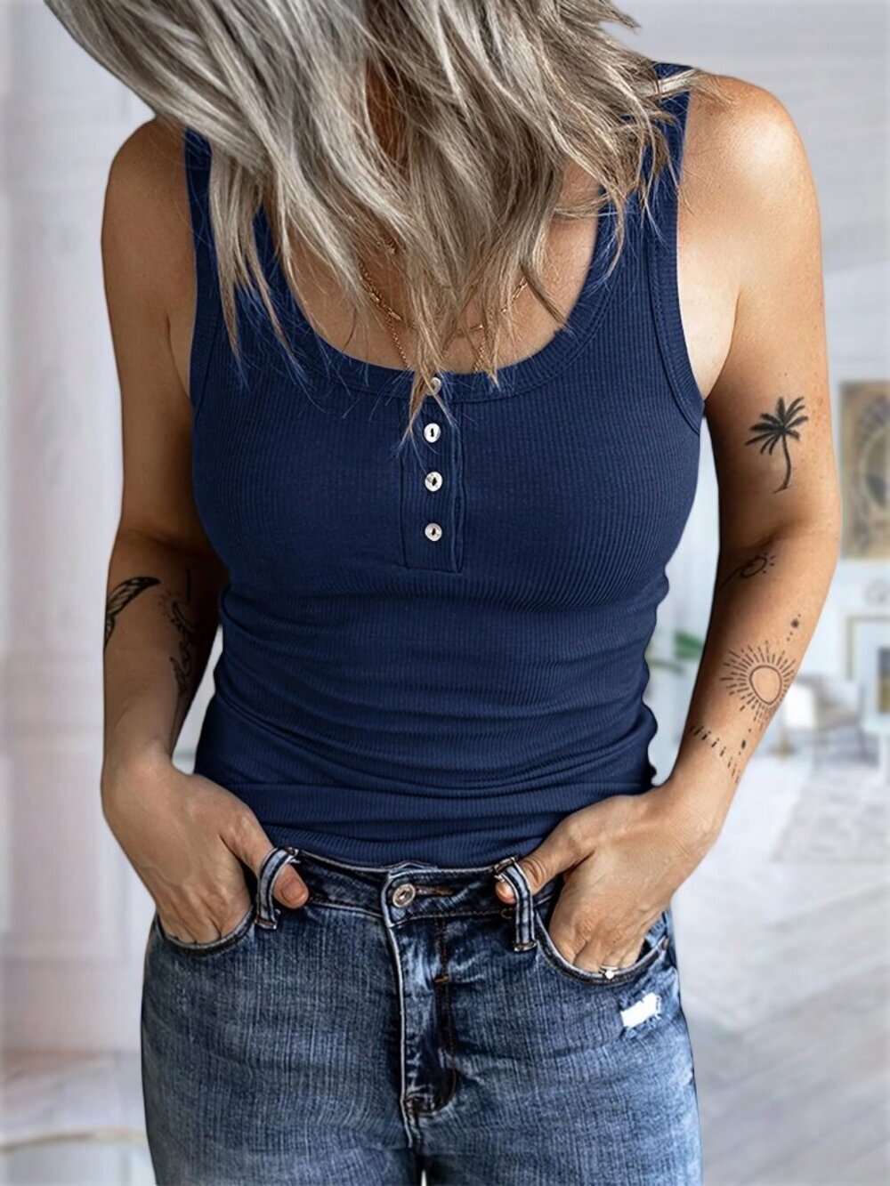 Blue Casual Women's Sleeveless Ribbed Tank Top